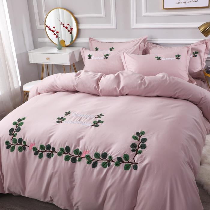 91家纺网 家纺一手货源 找家纺 13372田园风全棉毛巾绣四件套纯棉绣花全棉刺绣爱之蔓裸粉