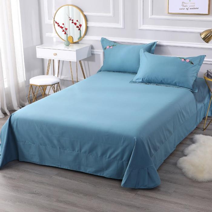 91家纺网 家纺一手货源 找家纺 13372田园风全棉毛巾绣四件套纯棉绣花全棉刺绣桃花朵朵湖蓝