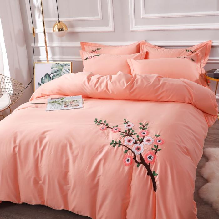 91家纺网 家纺一手货源 找家纺 13372田园风全棉毛巾绣四件套纯棉绣花全棉刺绣桃花朵朵玉色