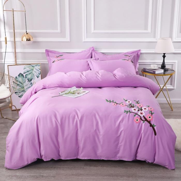 91家纺网 家纺一手货源 找家纺 13372田园风全棉毛巾绣四件套纯棉绣花全棉刺绣桃花朵朵紫色