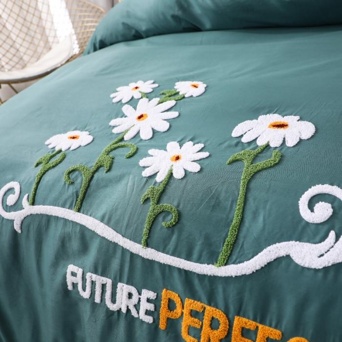 91家纺网 家纺一手货源 找家纺 13372田园风全棉毛巾绣四件套纯棉绣花全棉刺绣夏花绽放墨绿