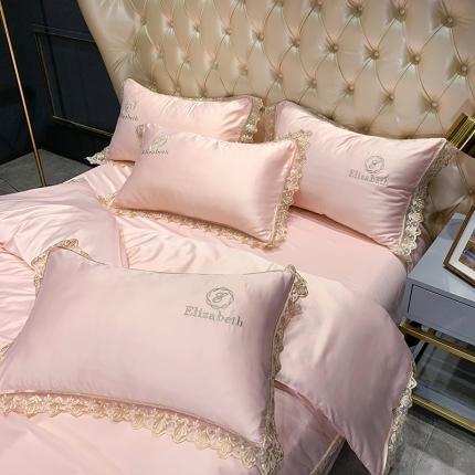 91家纺网 家纺一手货源 找家纺 米奈 2020新款水洗真丝蕾丝花边爱琳系列四件套 嫩粉