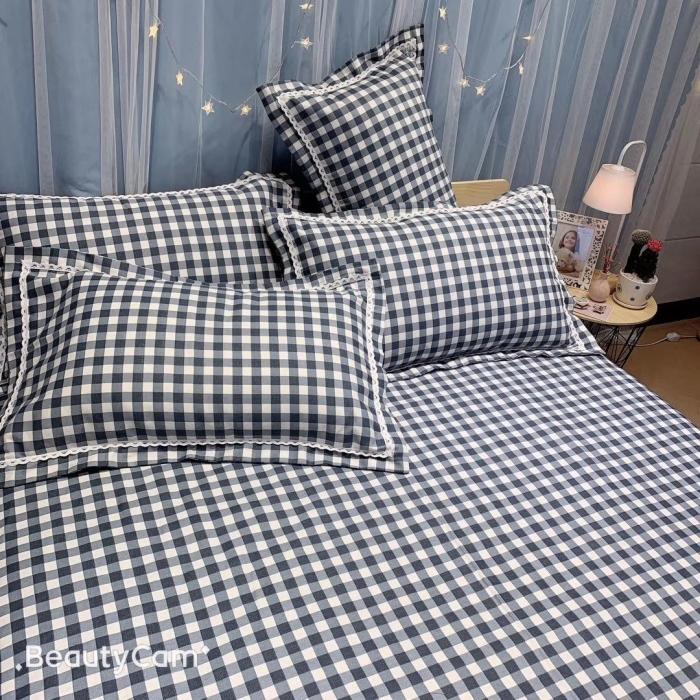 91家纺网 家纺一手货源 找家纺 仟网汇2020新款纯棉老粗布三件套凉席 藏蓝小格