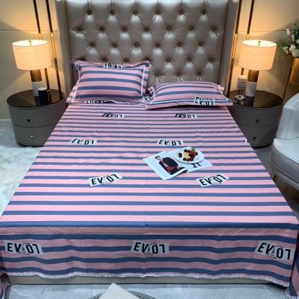 91家纺网 家纺一手货源 找家纺 仟网汇2020新款纯棉老粗布三件套凉席 条纹字母粉