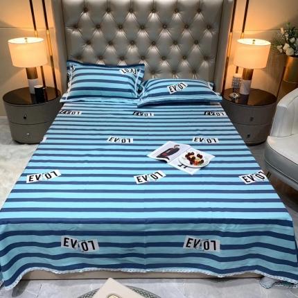 91家纺网 家纺一手货源 找家纺 仟网汇2020新款纯棉老粗布三件套凉席 条纹字母蓝