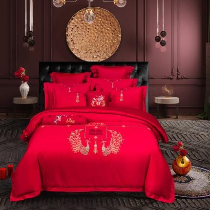 婚庆四件套大红色60长绒棉纯棉中欧式刺绣被套多件床上用品