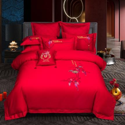 婚庆四件套大红色60长绒棉中欧式刺绣被套床上用品  佳偶天成
