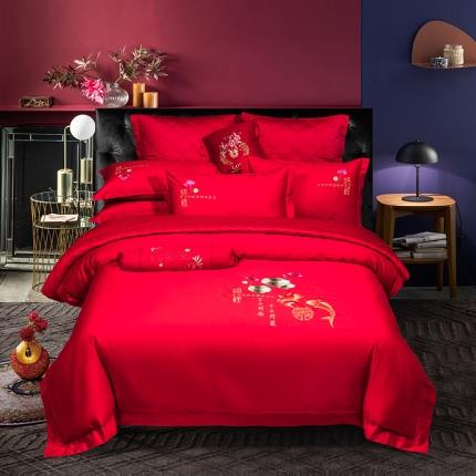 婚庆四件套大红色60长绒棉中欧式刺绣被套床上用品  锦鲤