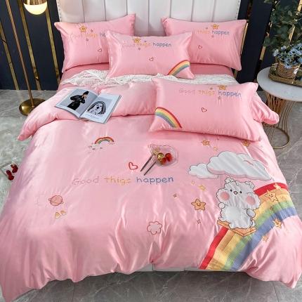 91家纺网 家纺一手货源 找家纺 （总）博纳 2020新款水洗真丝全棉贴布绣四件套彩虹熊系列