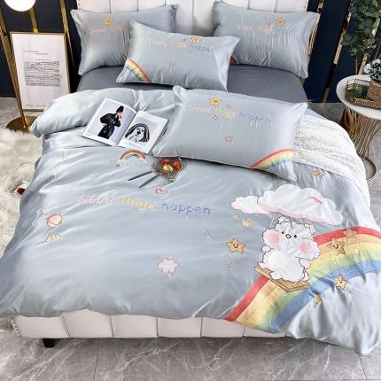 91家纺网 家纺一手货源 找家纺 （总）博纳 2020新款水洗真丝全棉贴布绣四件套彩虹熊系列