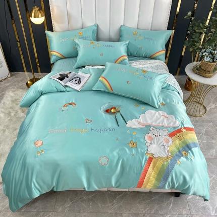 91家纺网 家纺一手货源 找家纺 （总）博纳 2020新款水洗真丝全棉贴布绣四件套彩虹熊系列