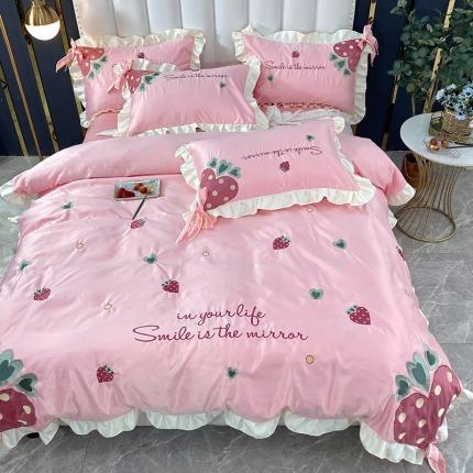 91家纺网 家纺一手货源 找家纺 （总）博纳 2020新款水洗真丝全棉贴布绣四件套甜心草莓系列