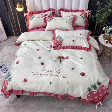 91家纺网 家纺一手货源 找家纺 （总）博纳 2020新款水洗真丝全棉贴布绣四件套甜心草莓系列