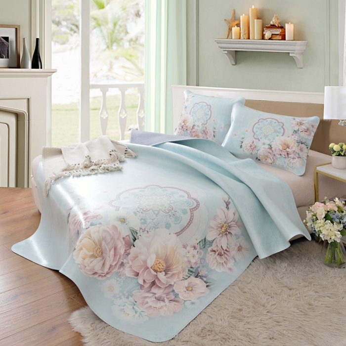 91家纺网 家纺一手货源 找家纺 伊婷人 2020新款彩绘头层水牛皮席三件套 富贵牡丹