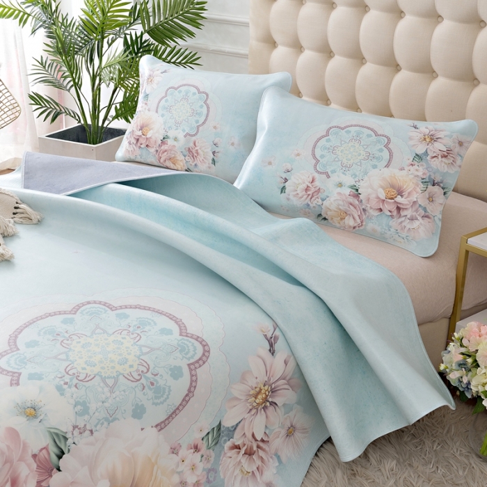 91家纺网 家纺一手货源 找家纺 伊婷人 2020新款彩绘头层水牛皮席三件套 富贵牡丹