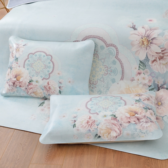 91家纺网 家纺一手货源 找家纺 伊婷人 2020新款彩绘头层水牛皮席三件套 富贵牡丹