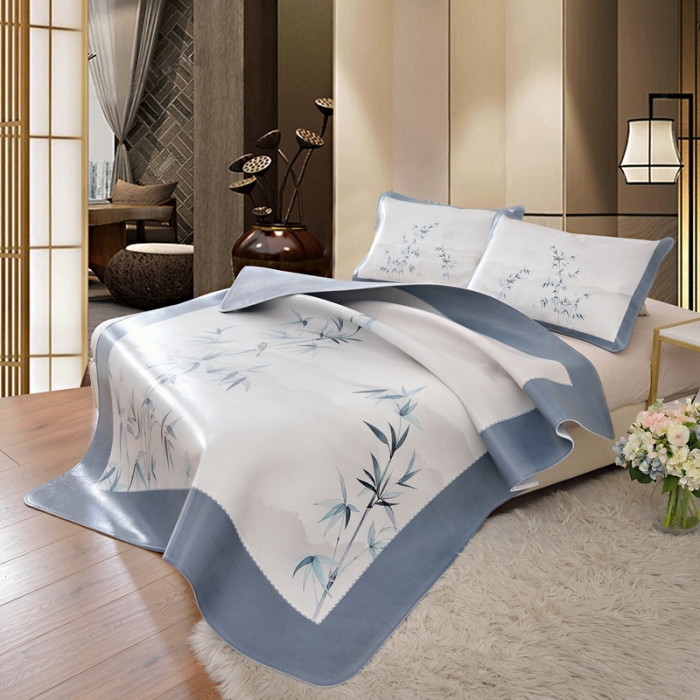 91家纺网 家纺一手货源 找家纺 伊婷人 2020新款彩绘头层水牛皮席三件套 竹报平安