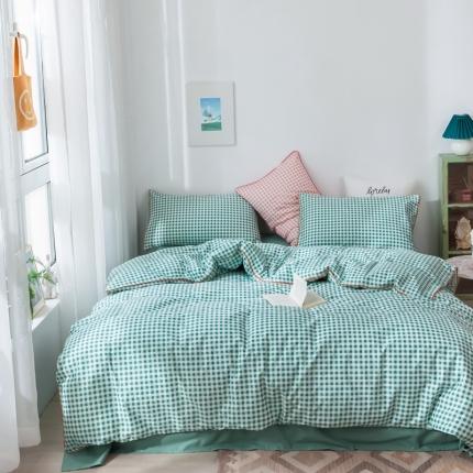 91家纺网 家纺一手货源 找家纺 星期八 2020新款全棉13372格子嵌条系列四件套 绿格