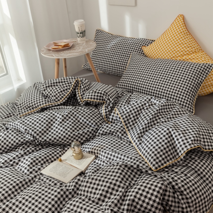 91家纺网 家纺一手货源 找家纺 星期八 2020新款全棉13372格子嵌条系列四件套 黑格