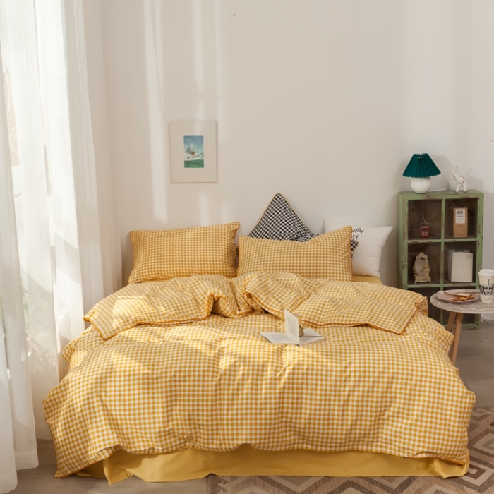 91家纺网 家纺一手货源 找家纺 星期八 2020新款全棉13372格子嵌条系列四件套 黄格