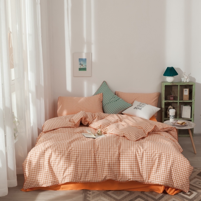 91家纺网 家纺一手货源 找家纺 星期八 2020新款全棉13372格子嵌条系列四件套 橘格