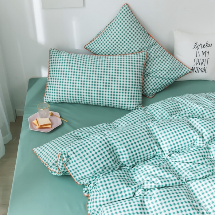 91家纺网 家纺一手货源 找家纺 星期八 2020新款全棉13372格子嵌条系列四件套 绿格