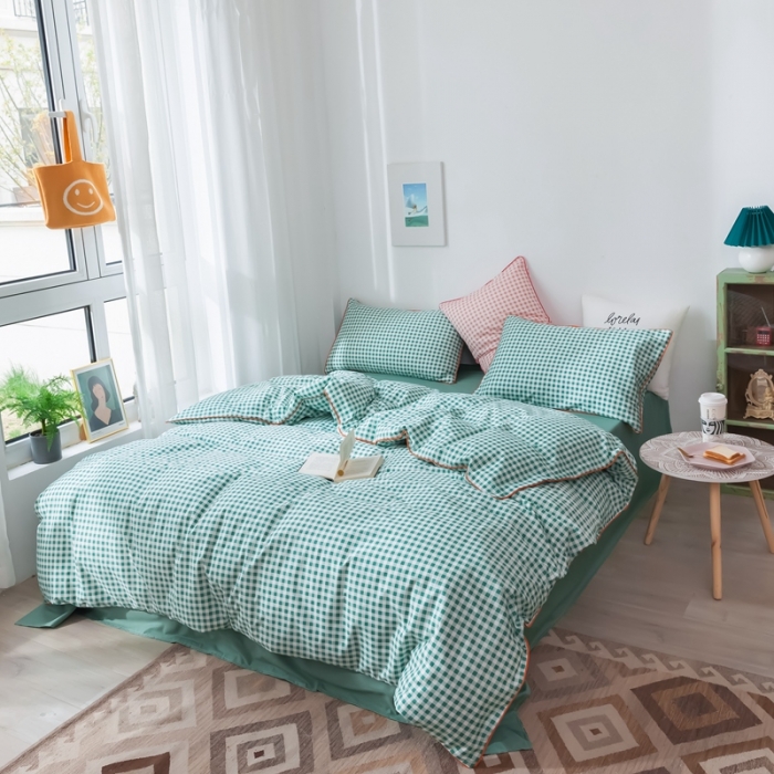 91家纺网 家纺一手货源 找家纺 星期八 2020新款全棉13372格子嵌条系列四件套 绿格