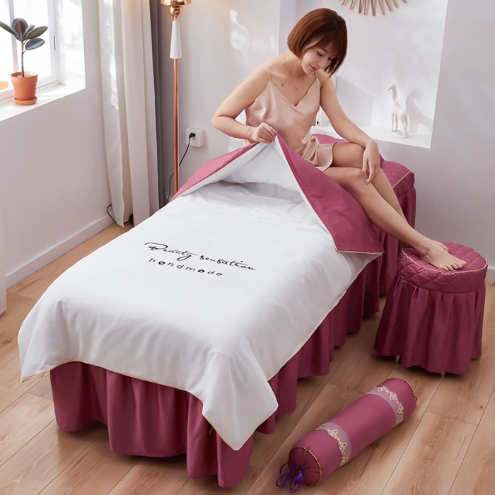 91家纺网 家纺一手货源 找家纺 诗薇娅 2023新款天丝莫代尔美容床罩四件套 刺绣白豆沙红