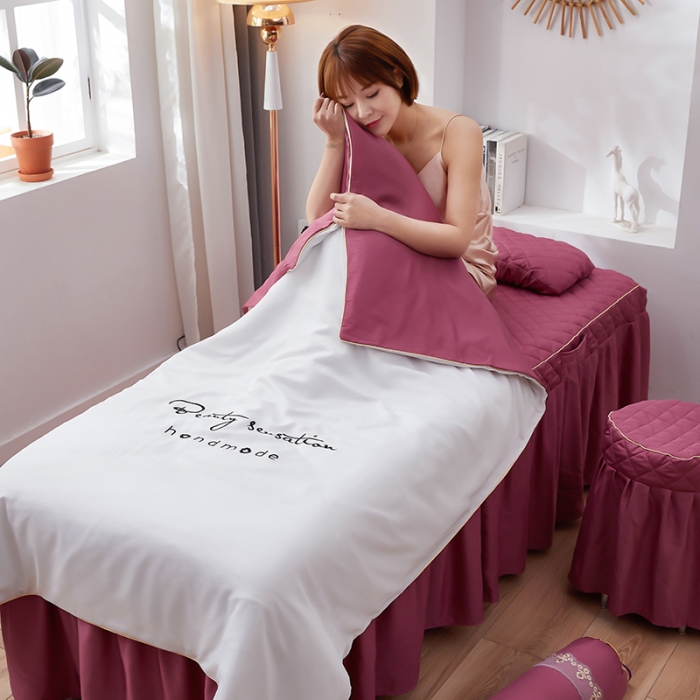 91家纺网 家纺一手货源 找家纺 诗薇娅 2023新款天丝莫代尔美容床罩四件套 刺绣白豆沙红