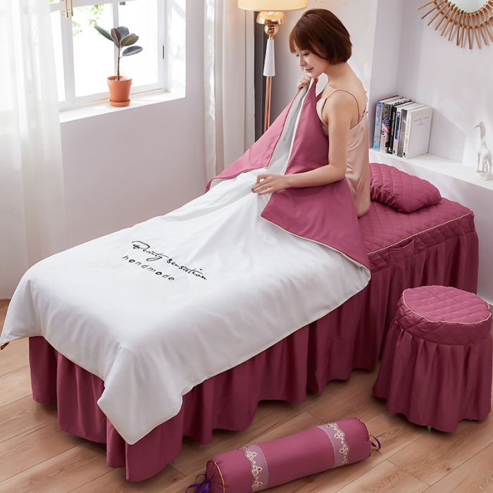 91家纺网 家纺一手货源 找家纺 诗薇娅 2023新款天丝莫代尔美容床罩四件套 刺绣白豆沙红