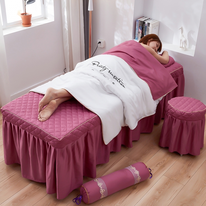 91家纺网 家纺一手货源 找家纺 诗薇娅 2023新款天丝莫代尔美容床罩四件套 刺绣白豆沙红