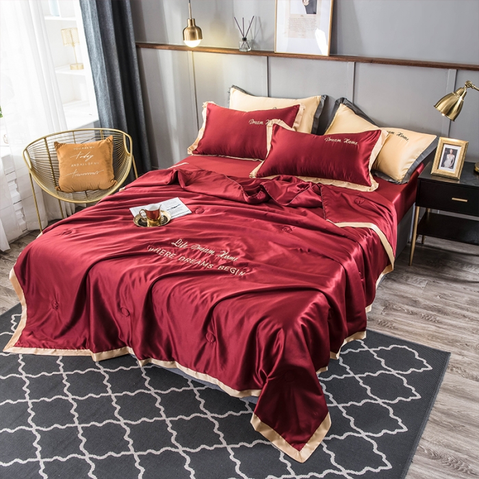 91家纺网 家纺一手货源 找家纺 骏腾 2022新款水洗真丝夏被四件套 简爱-酒红