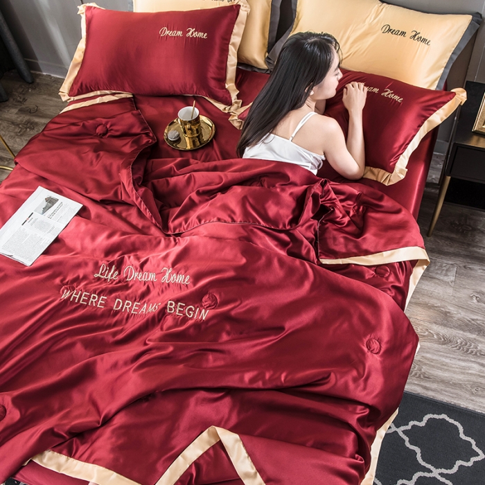 91家纺网 家纺一手货源 找家纺 骏腾 2022新款水洗真丝夏被四件套 简爱-酒红