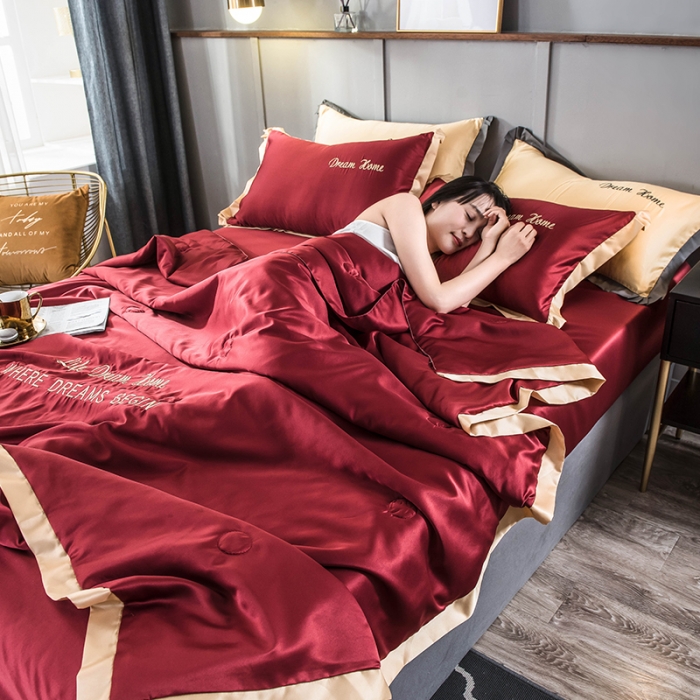 91家纺网 家纺一手货源 找家纺 骏腾 2022新款水洗真丝夏被四件套 简爱-酒红