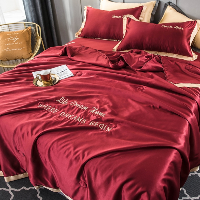 91家纺网 家纺一手货源 找家纺 骏腾 2022新款水洗真丝夏被四件套 简爱-酒红