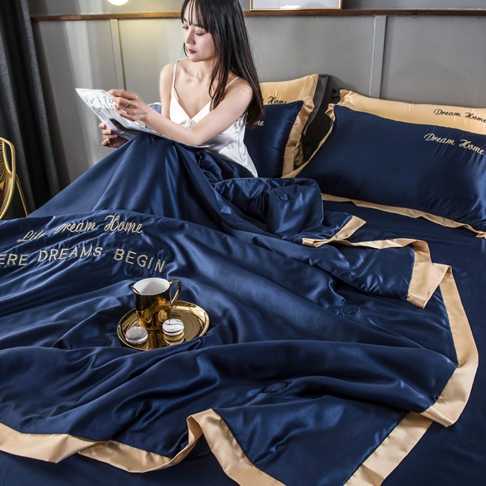 91家纺网 家纺一手货源 找家纺 骏腾 2022新款水洗真丝夏被四件套 简爱-深蓝