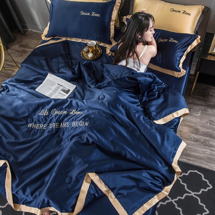 91家纺网 家纺一手货源 找家纺 骏腾 2022新款水洗真丝夏被四件套 简爱-深蓝