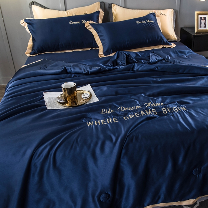 91家纺网 家纺一手货源 找家纺 骏腾 2022新款水洗真丝夏被四件套 简爱-深蓝