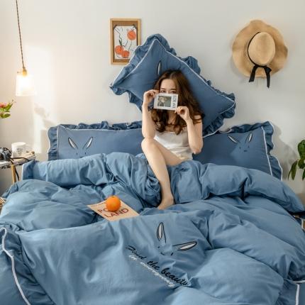 91家纺网 家纺一手货源 找家纺 ab家纺 2020新款兔耳朵绣花水洗棉四件套 宾利蓝