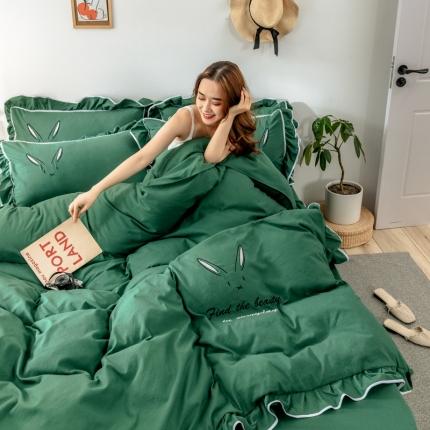 91家纺网 家纺一手货源 找家纺 ab家纺 2020新款兔耳朵绣花水洗棉四件套 葱绿