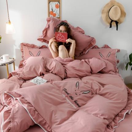 91家纺网 家纺一手货源 找家纺 ab家纺 2020新款兔耳朵绣花水洗棉四件套 裸粉