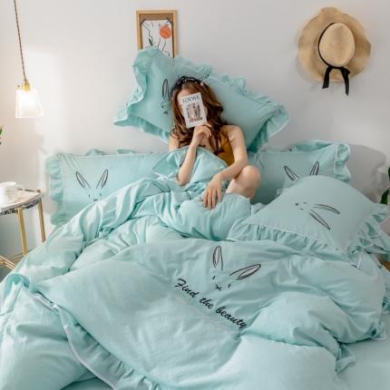 91家纺网 家纺一手货源 找家纺 ab家纺 2020新款兔耳朵绣花水洗棉四件套 水绿