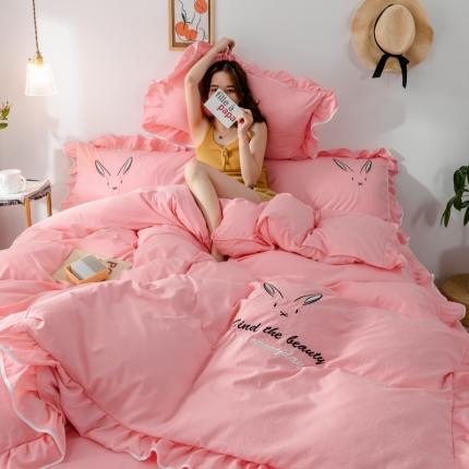 91家纺网 家纺一手货源 找家纺 ab家纺 2020新款兔耳朵绣花水洗棉四件套 桃粉