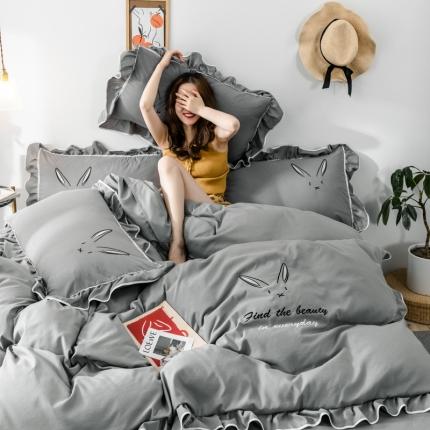 91家纺网 家纺一手货源 找家纺 ab家纺 2020新款兔耳朵绣花水洗棉四件套 中灰