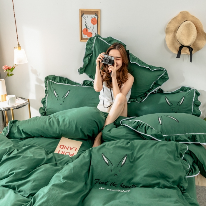 91家纺网 家纺一手货源 找家纺 ab家纺 2020新款兔耳朵绣花水洗棉四件套 葱绿