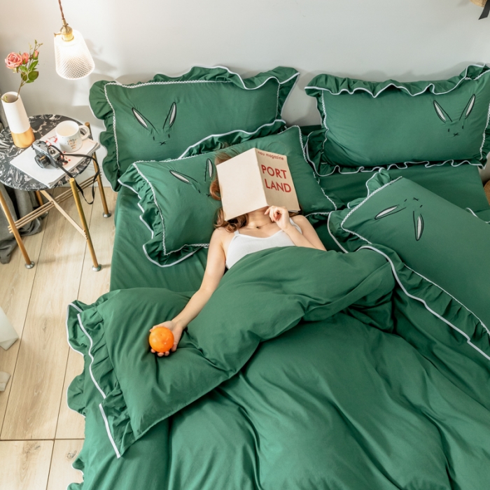 91家纺网 家纺一手货源 找家纺 ab家纺 2020新款兔耳朵绣花水洗棉四件套 葱绿