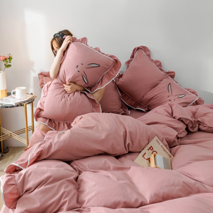 91家纺网 家纺一手货源 找家纺 ab家纺 2020新款兔耳朵绣花水洗棉四件套 裸粉