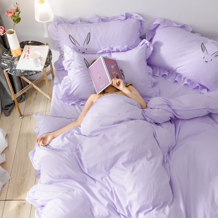 91家纺网 家纺一手货源 找家纺 ab家纺 2020新款兔耳朵绣花水洗棉四件套 裸紫