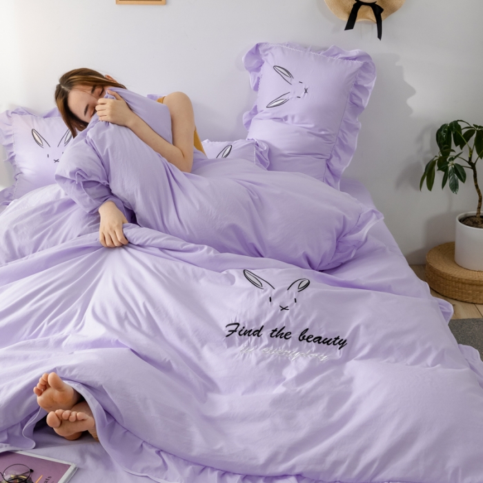 91家纺网 家纺一手货源 找家纺 ab家纺 2020新款兔耳朵绣花水洗棉四件套 裸紫