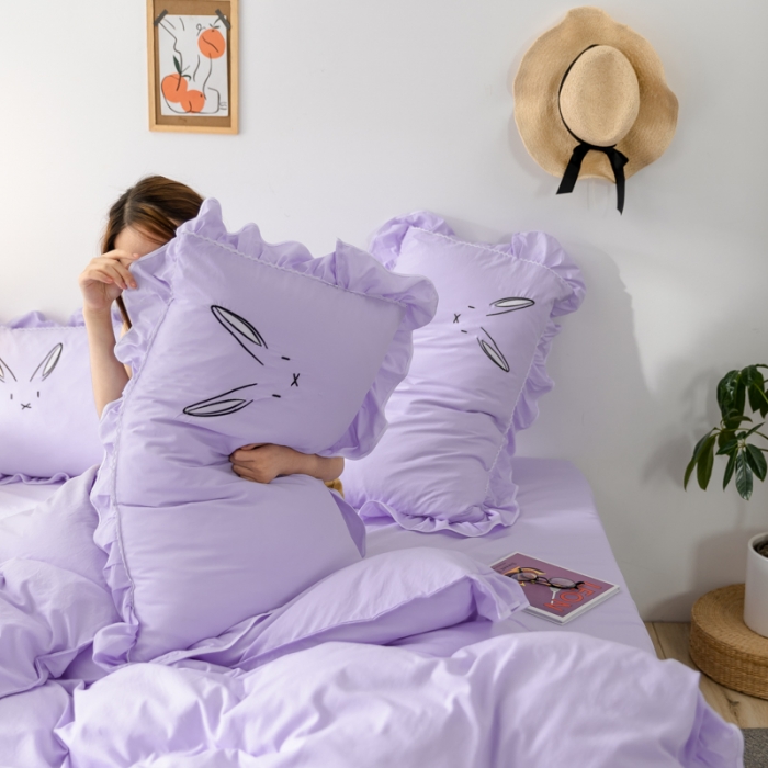 91家纺网 家纺一手货源 找家纺 ab家纺 2020新款兔耳朵绣花水洗棉四件套 裸紫